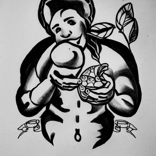Image similar to an old school tattoo of a sailor eating a honeycrisp apple, blues and whites, sketching