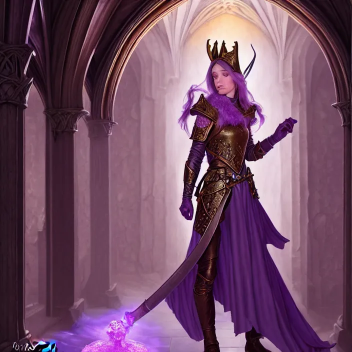 Prompt: d & d bard with her lilac leather armor in a cathedral, volumetric lighting, fantasy, intricate, elegant, highly detailed, lifelike, photorealistic, digital painting, artstation, fox ears illustration, concept art, sharp focus, by john collier and albert aublet and krenz cushart and artem demura and alphonse mucha