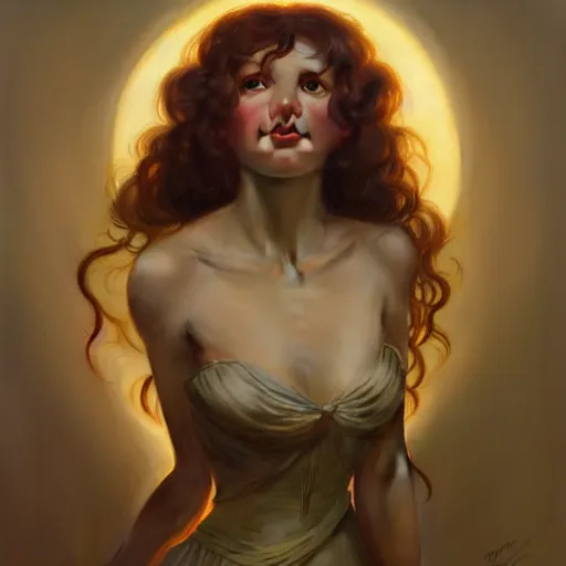 Image similar to a portrait of a gelfling, dark fantasy, medium shot, intricate, elegant, highly detailed, digital painting, volumetric light, artstation, concept art, smooth, sharp focus, illustration, art by Gil Elvgren and Greg Rutkowski and Alphonse Mucha