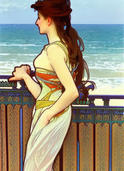 Image similar to pretty young woman leaning against the railing at the beach, path traced, highly detailed, high quality, digital painting, by alphonse mucha, disney