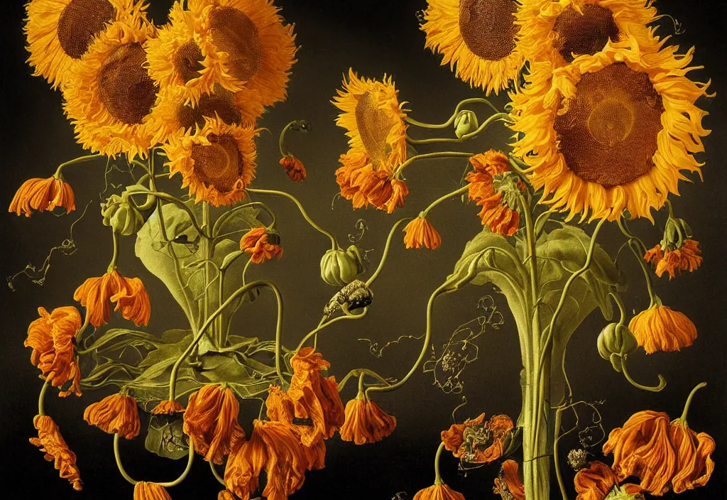 Prompt: dutch golden age bizarre sunflower portrait made from flower floral still life with many perceptive eyes very detailed nasturtium vines disturbing fractal forms sprouting up everywhere by rachel ruysch black background chiaroscuro dramatic lighting perfect composition high definition 8 k oil painting with black background by christian rex van dali todd schorr of a chiaroscuro portrait recursive masterpiece