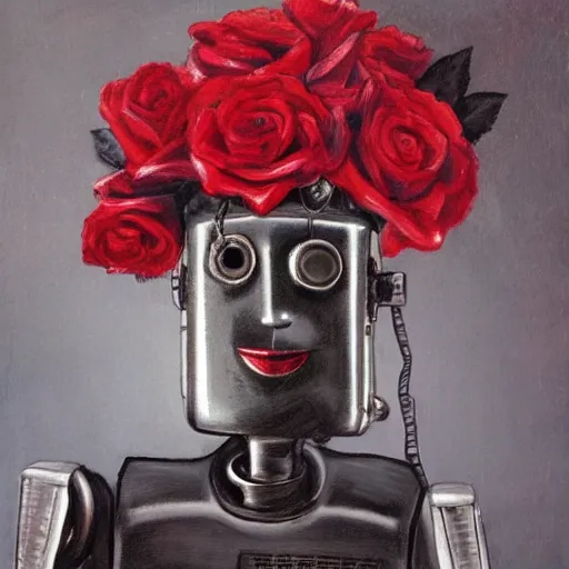 Image similar to a portrait of a robot wearing a hat full of roses, by Otto Eerelman