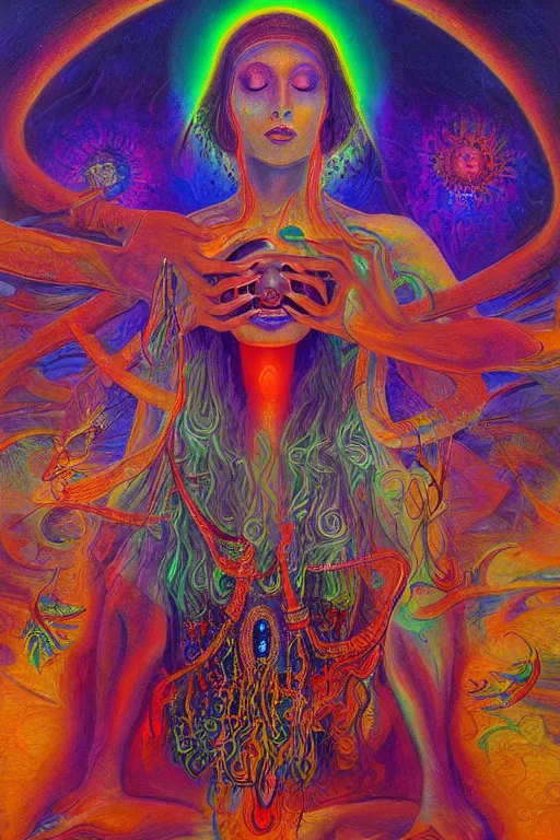 Prompt: mystic cult girl performing psychedelic third eye ritual, expanding energy into waves into the ethos, epic surrealism 8k oil painting, high definition, post modernist layering, by Ernst Fuchs, John Howe