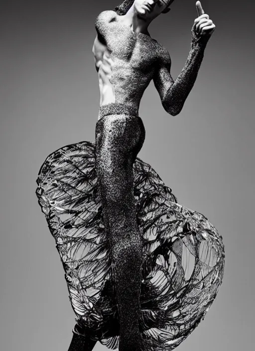 Image similar to a beautiful male dancer wearing iris van herpen couture, photographed by erwin olaf for vogue