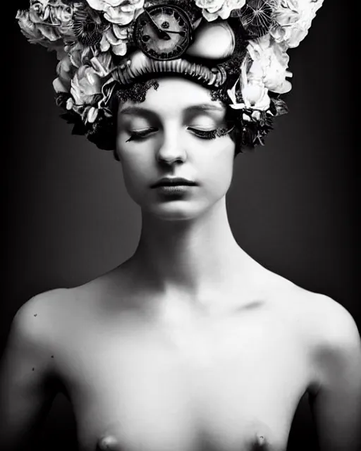 Image similar to a black and white high quality dreamy photo of a young beautiful female queen-pale dragon-vegetal-cyborg bust with a very long neck and a steampunk flower crown, elegant, highly detailed, poetic, soft, dreamy, mysterious, high fashion, in the style of Horst P. Horst, Realistic, Refined, Digital Art, Highly Detailed, Cinematic Lighting, rim light, black and white, photo-realistic, 8K