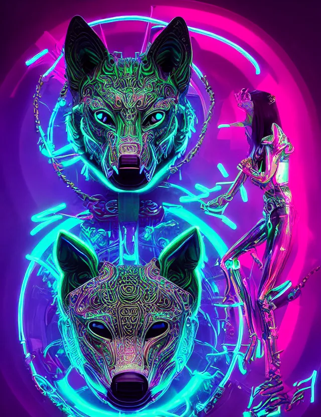 Prompt: 3 d goddess medium shot portrait with hyperdimensional totem implants. beautiful intricately detailed avante garde wolf mask and retrowave sorceress outfit. neon lizards, bio luminescent, water, plasma, creature, artwork by tooth wu and wlop and android jones and beetle and greg rutkowski