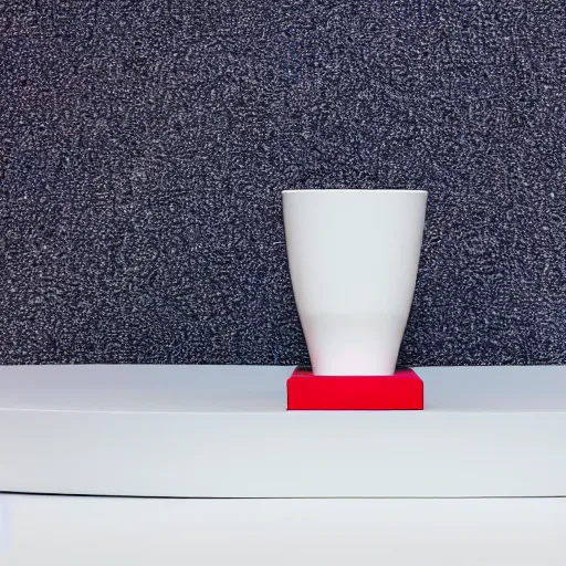 Prompt: an ultra high definition professional studio photograph, 5 0 mm f 1. 4 iso 1 0 0. the photo is set in a plain empty white studio room with a plain white plinth centrally located. the photo depicts an object on the plinth framed centrally. the object is a cup. the cup is coloured red and blue.