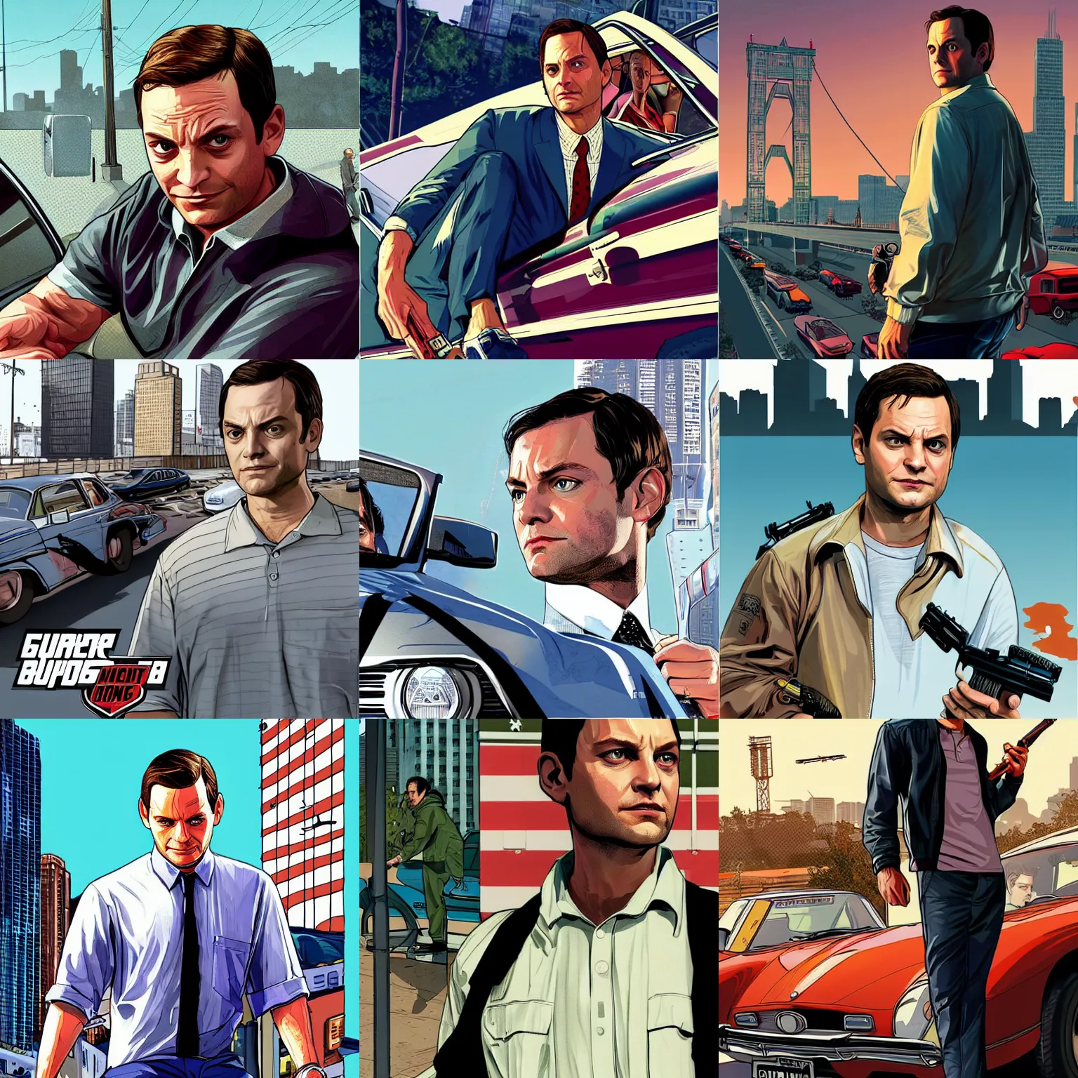 Prompt: tobey maguire in gta v promotional art by stephen bliss, no text, very detailed, professional quality