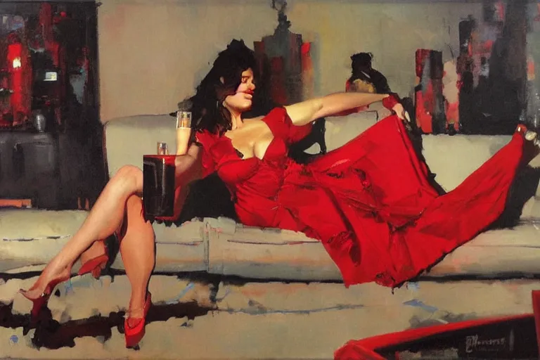 Image similar to a woman in a red dress sits on a sofa and drinks champagne in a dark living room, painted by phil hale and rick berry and dean cornwell and norman rockwell and jeremy mann