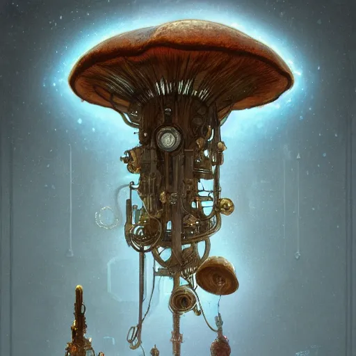 Image similar to concept designs of a mushroom, steampunk blueprint, sci-fi art by alphonse mucha and greg rutkowski, highly detailed, digital painting, concept art, illustration, dim lighting, trending on artstation, very detailed, smooth, sharp focus, octane render