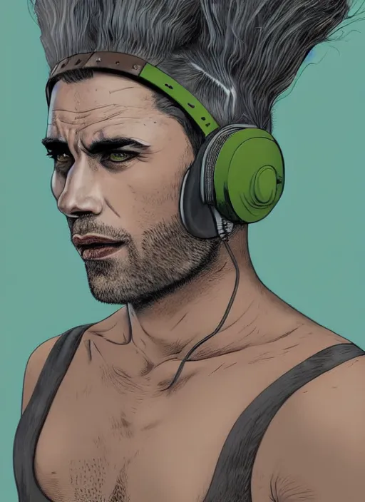 Image similar to portrait of a man with gray and green mohawk wearing a gray headset and brown tank top, gray and green mohawk, gray headset, brown tank top. art by oliver bonhomme, oliver bonhomme artwork. portrait.