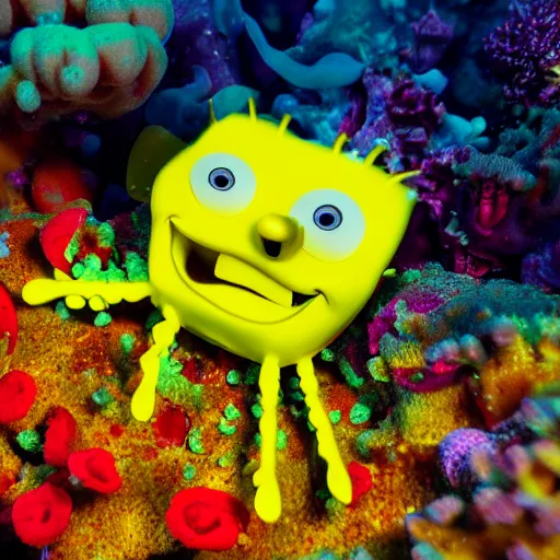 Image similar to 4k shot macro lence of a Spong that looks exactly as Spongebob inside a coral reef