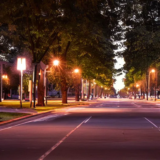 Image similar to avenue, median with trees, uptown neighborhood, neighborhood, liminal space, traffic lights, blue hour