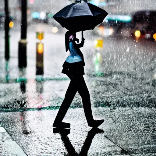 Image similar to hatsune miku walking down a rainy street, ef 8 5 mm f 1. usm