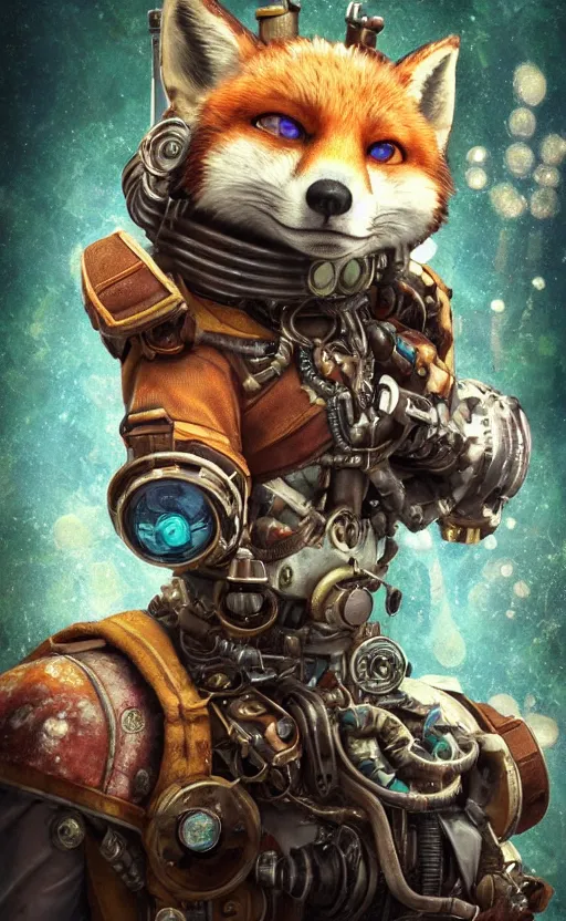 Prompt: underwater steampunk biopunk portrait of fox mccloud from star fox ( 1 9 9 3 ), hyper detailed, digital art, trending in artstation, cinematic lighting, studio quality, smooth render, unreal engine 5 rendered, octane rendered, art style by klimt and nixeu and ian sprigger and wlop and krenz cushart.