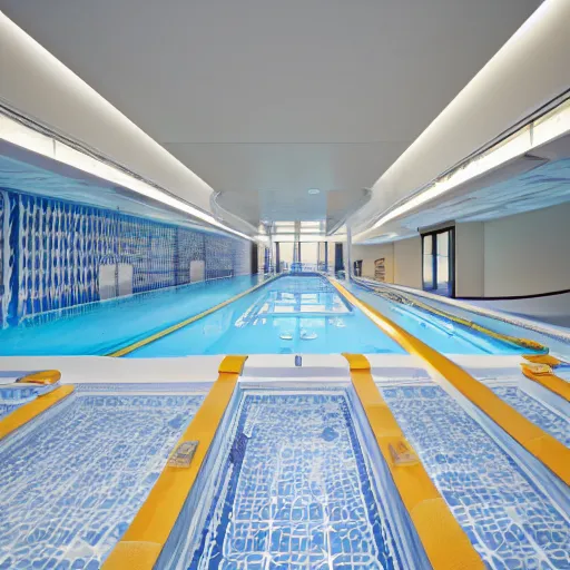 Image similar to the Poolrooms, an expansive complex of interconnected rooms and corridors slightly submerged in undulating, lukewarm water. Each area of the level varies greatly in size and structure, ranging from uniform pools and hallways to more open, abnormally-shaped areas. The walls, ceilings, and floors of the level all appear to be constructed from the same white ceramic tile, with the only deviation from this color being the blue-green hue of the water.