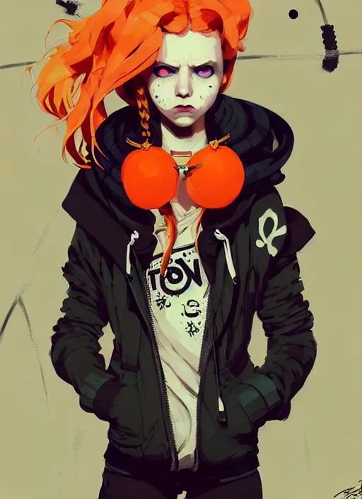 Image similar to highly detailed portrait of a sewer punk lady, tartan hoody, blonde ringlet hair by atey ghailan, by greg rutkowski, by greg tocchini, by james gilleard, by joe fenton, by kaethe butcher, gradient orange, black, blonde cream and white color scheme, grunge aesthetic!!! ( ( graffiti tag wall background ) )