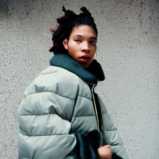 Image similar to realistic! photoshoot for a new vetements lookbook, color film photography, portrait of a beautiful woman, model wearing a puffer jacket, in style of tyler mitchell, 35mm