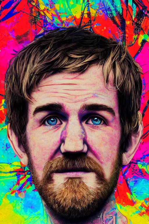 Prompt: inspirational style hope poster of bo burnham with beard by steven belledin, psychedelic colors, highly detailed, realistic, loving