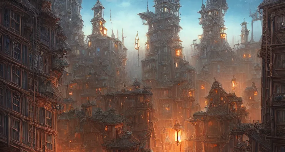 Image similar to landscape painting of fantasy metal steampunk city that has a light blue glow with walkways and lit windows and you can very clearly see a fine detailed very visible and clearly defined hooded thieves in browns leathers climbing one of the tall buildings using a rope, fine details, magali villeneuve, artgerm, rutkowski