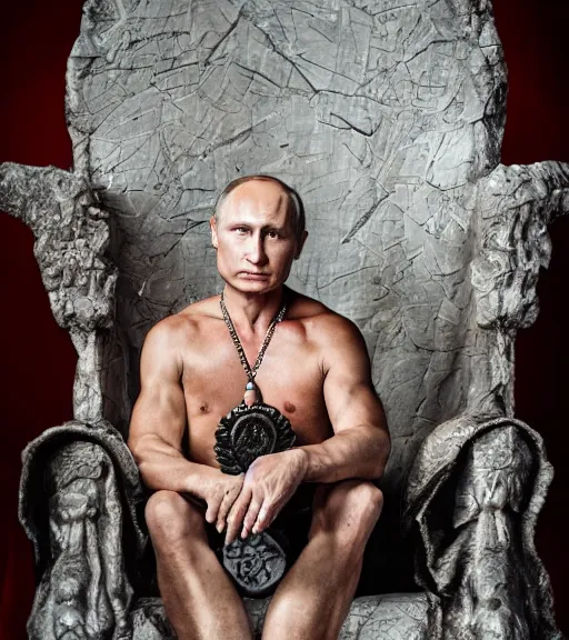 Image similar to A photo of vladimir putin the barbarian sitting on his throne, award winning photography, sigma 85mm Lens F/1.4, perfect faces