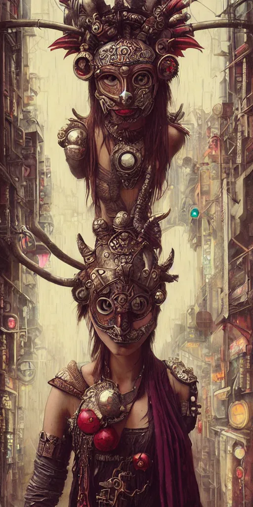 Image similar to hyper realistic Princess Mononoke, ornate mask, wet market street, cyberpunk metropolis, city landscape, jewels, style of tom bagshaw, mucha, james gurney, norman rockwell, denoised, sharp