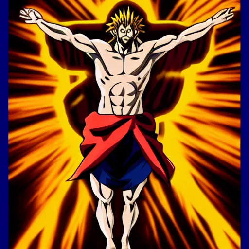 Image similar to jesus Christ on the cross going super saiyan, glowing, highly detailed, anime