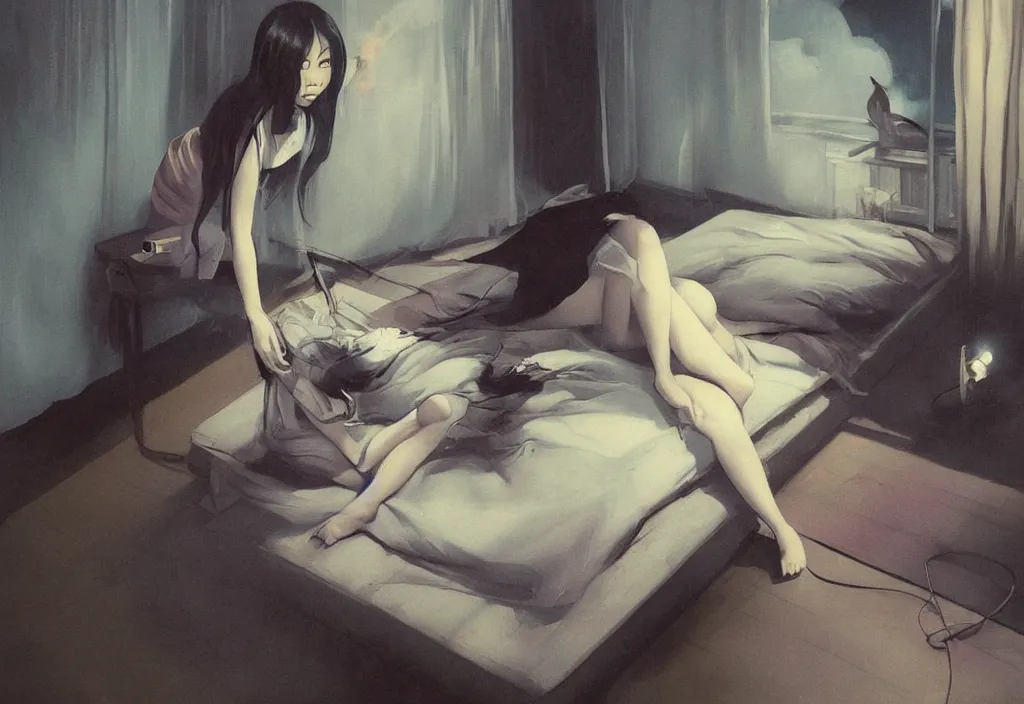 Image similar to famous japanese actress girl seeing the shadow of her desires on the bed of abandoned nightmare house with a light from a window projecting her secret dreams in negative space, painting by Peter Mohrbacher, Edward Hopper from photo of Todd Hido and style of Edward Hopper, Francis Bacon, colors of Mark Rothko!!! style of Peter Doig, dark atmosphere, highly detailed