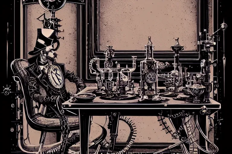 Image similar to steampunk alchemist wizard table with ornate lags, furniture, high details, bold line art, by vincent di fate and joe fenton, inking, etching, screen print, masterpiece, trending on artstation, sharp, high contrast, hyper - detailed,, hd, 4 k, 8 k