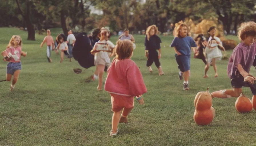 Prompt: 1990s candid photo of a beautiful day at the park, families playing, cinematic lighting, cinematic look, golden hour, kids being chased by large personified fruit creatures , Enormous fruit people, UHD