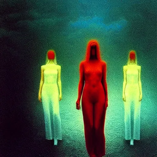 Image similar to charlies angels by beksinski, jonathan zawada and lisa james, beautiful dystopian neon dreamsynthy themed digital art