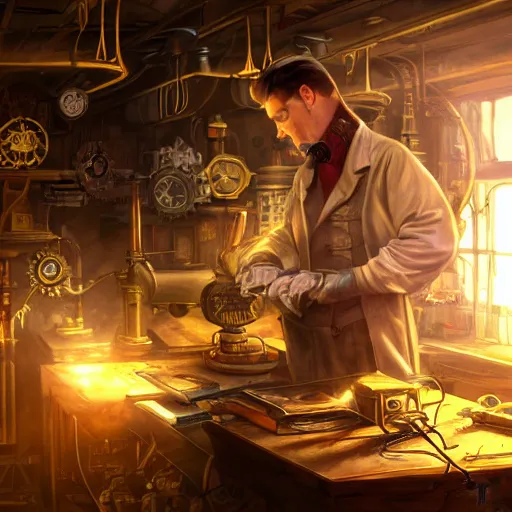 Image similar to an artificer working in his steampunk workshop, light rays, scifi