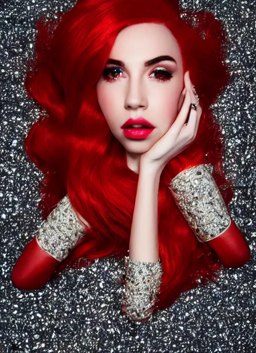 Image similar to ava max bright red hair lying on the floor surrounded by diamonds, canon, highly realistic. high resolution. highly detailed. dramatic. 8 k. 4 k.