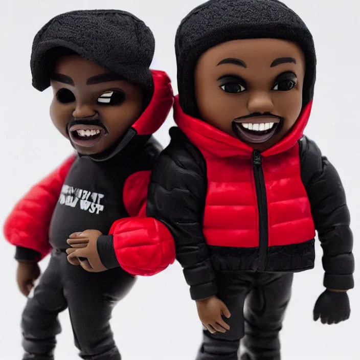 Image similar to kanye west, a goodsmile figure of kanye west using a full face covering black mask, a small, tight, undersized reflective bright red round puffer jacket made of nylon, dark jeans pants and big black balenciaga rubber boots, figurine, detailed product photo