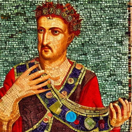 Prompt: incredibly beautiful, colorful, graceful, elegant and sophisticated, detailed majestic portrait of ancient roman emperor probus holding a vine cup in zeugma mosaic, many small and colorful stones, extreme detail, grapevines and vine foliage details