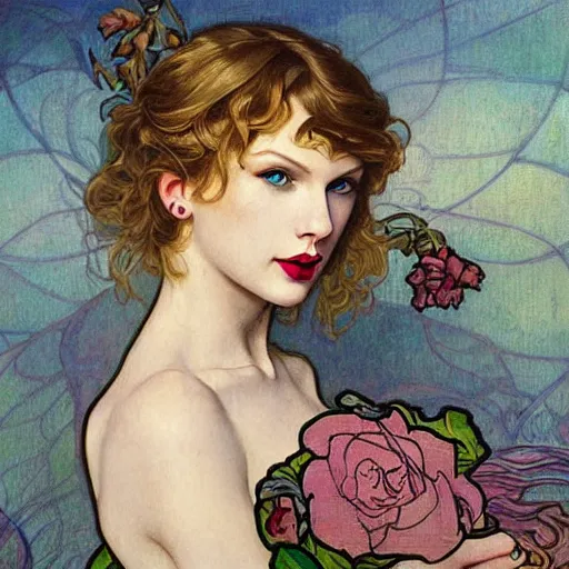 Image similar to romantic painted portrait of taylor swift by james jean, mucha, masterpiece