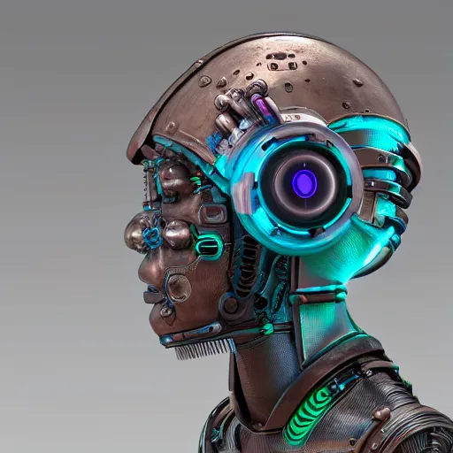 Image similar to a claymodel of a dieselpunk aztec futuristic robot head wearing an emotiv eeg - headset, 8 k, front shot, symetrical, flourescent colors, halluzinogenic, multicolored, insanely detailed, front shot, bust shot, 3 d render, octane