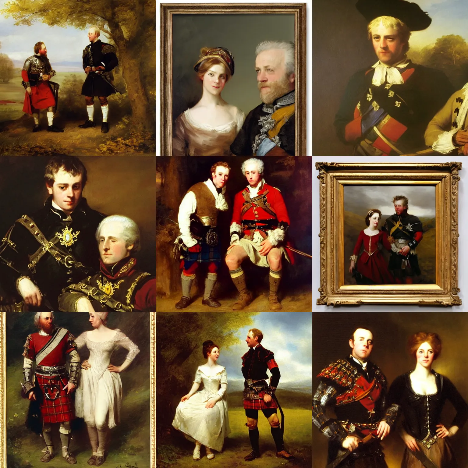 Prompt: portrait of william wallace and bonnie prince charlie. painting by sir henry raeburn.