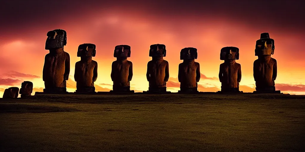 Image similar to amazing landscape photo of astronaut standing still in front of easter island statues at dusk by Marc Adamus beautiful dramatic lighting