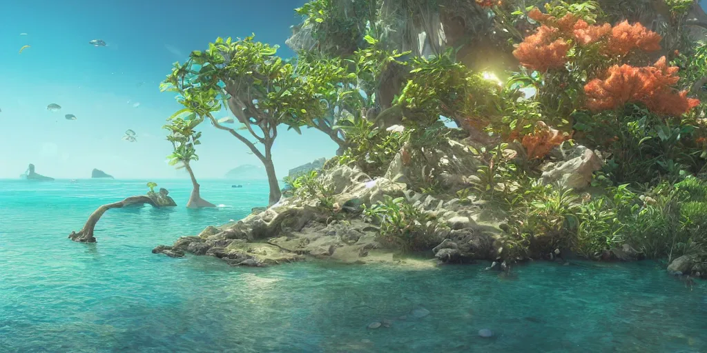 Prompt: landscape of a beautiful ocean with sand and fish and florescent coral and mangrove trees, art by artgerm and greg rutkowski and alphonse mucha, concept art, octane render, unreal engine 5, highly detailed, high quality, 8 k, soft lighting, realistic face, path traced