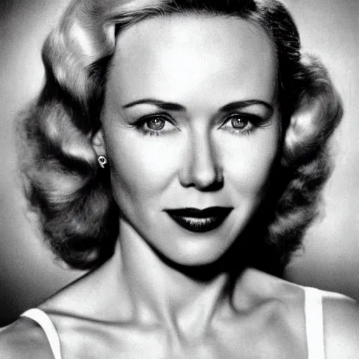 Prompt: Naomi Watts 1940s black and white 20th Century Fox promotional photo. Golden Age of Hollywood.