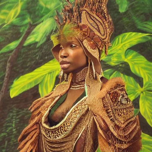 Prompt: a regal brown woman wearing an intricate dewdop armor. very detailed. woman is surrounded by lush green tropical forest. extremely photorealistic.