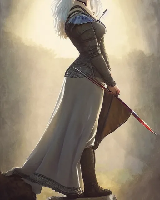 Image similar to Pre-Raphaelite Ciri from Witcher 3 by Artgerm and Greg Rutkowski, wearing haute couture by schiaparelli, sharp focus, sun rays, full body, intricate, elegant, highly detailed, digital painting, pale