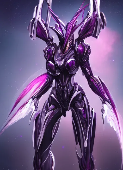 Image similar to cinematic, hyperdetailed elegant beautiful stunning giant anthropomorphic mecha hot female dragon goddess, sharp spines, sharp metal ears, smooth purple eyes, smooth fuschia skin, silver armor, nebula size, space, epic proportions, epic scale, macro giantess, warframe, destiny, furry, dragon art, goddess art, giantess art, furaffinity, octane