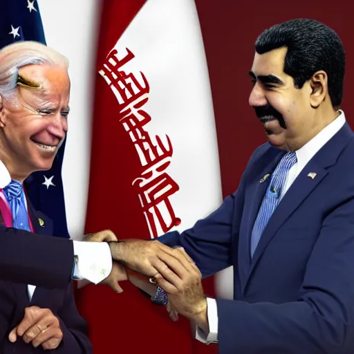 Image similar to Joe Biden and Nicolas Maduro hugging in Tehran, digital art