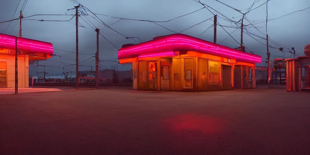 Image similar to an empty parking lout outside an abandoned retro diner at night, by lee madgwick, pink and orange neon lights, highly detailed, photorealistic, artstation trending, cryengine 8 k uhd