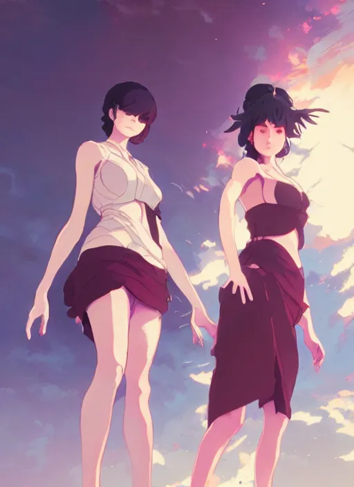 Image similar to two volupous woman standing back to back in villa, illustration concept art anime key visual trending pixiv fanbox by wlop and greg rutkowski and makoto shinkai and studio ghibli