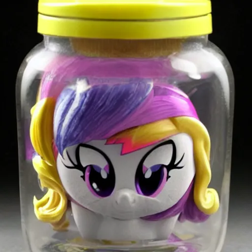 Image similar to a my little pony figure in a jar covered in a mysterious sticky yellowish fluid