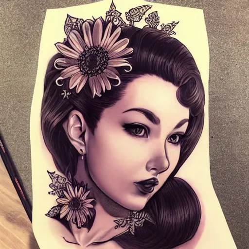 Prompt: tattoo design, stencil, portrait of princess daisy by artgerm, symmetrical face, beautiful