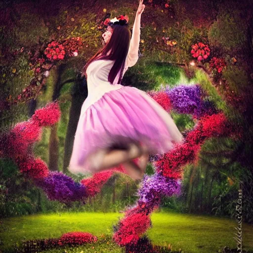 Image similar to A Alice in the wonderland like scene where a girl is floating in mid-air and flowers and other things are floating around her, in a dreamy soft focus, fantasy, award winning, by Ekaterina Savic